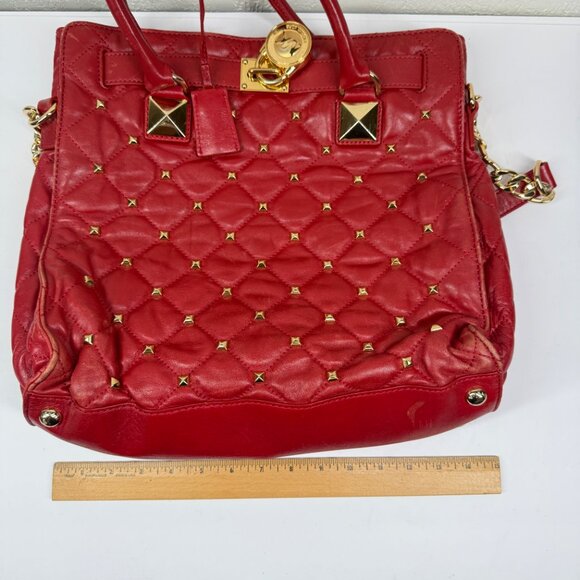 Michael Kors Hamilton Large Studded North South Tote Red Leather Gold Hardware - Picture 12 of 13